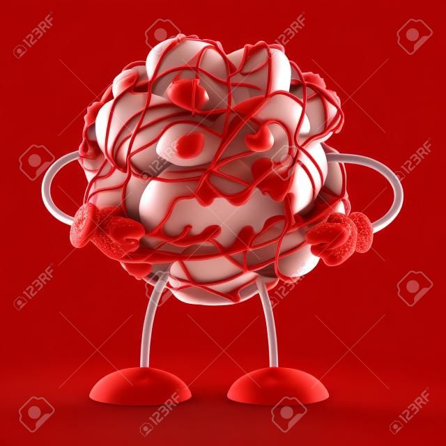 Carattere o mascotte del coagulo di sangue come gruppo di globuli rossi umani ammassati che fermano o rallentano il flusso di circolazione come un'illustrazione 3D su un fondo bianco.
