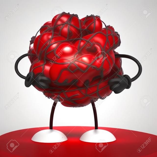 Carattere o mascotte del coagulo di sangue come gruppo di globuli rossi umani ammassati che fermano o rallentano il flusso di circolazione come un'illustrazione 3D su un fondo bianco.