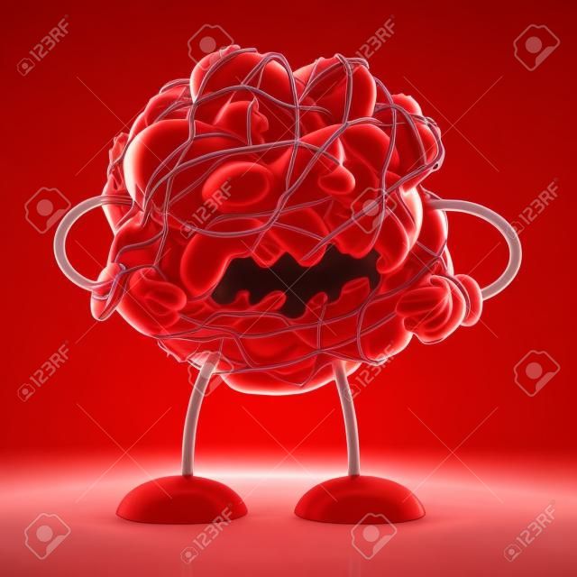 Blood clot character or mascot as a group of clumped human red cells stopping or slowing circulation flow as a 3D illustration on a white background.