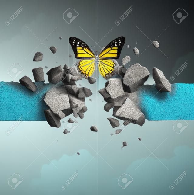 Kuvvet ve durdurulamaz güç kavramı, bir kelebeğin betondan bir duvarı 3 boyutlu bir illüstrasyon tarzında kırması.