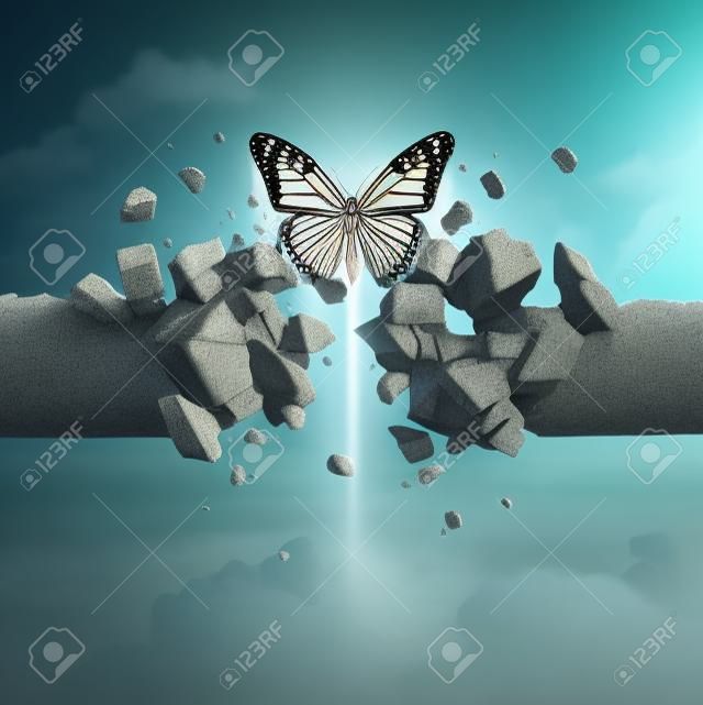 Idea of strength and unstoppable power concept as a butterfly breaking through a cement wall in a 3D illustration style.