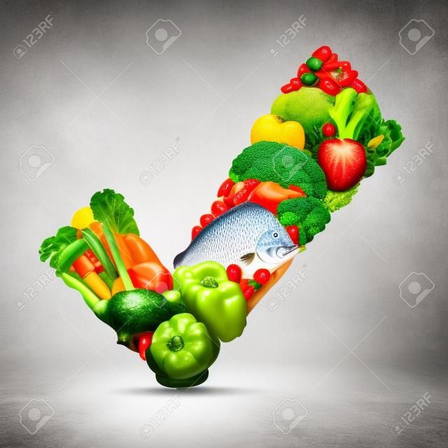 Cibo sano approvato e un simbolo per il cibo fresco biologico crudo come un segno di spunta a forma di frutta con noci e frutta e fagioli come icona dietetica.