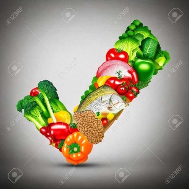 Approved healthy food and a symbol for raw organic fresh food as a check mark shaped with vegetables fruit nuts fish and beans as a dietary icon.