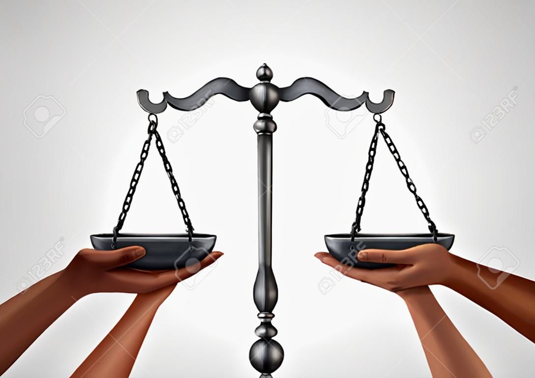 Giustizia sociale e legge sull'uguaglianza nella società come persone diverse che mantengono l'equilibrio su una scala legale come legislazione sulla popolazione con elementi di illustrazione 3D.