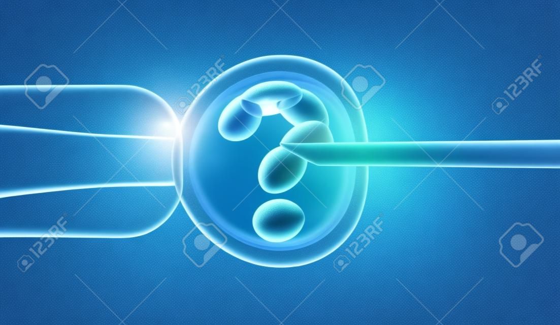 Preguntas de edición genética e investigación genética in vitro ingeniería del genoma y biotecnología médica como concepto de atención médica CRISPR con un embrión de óvulo humano fertilizado y un grupo de células en división como una ilustración 3D.