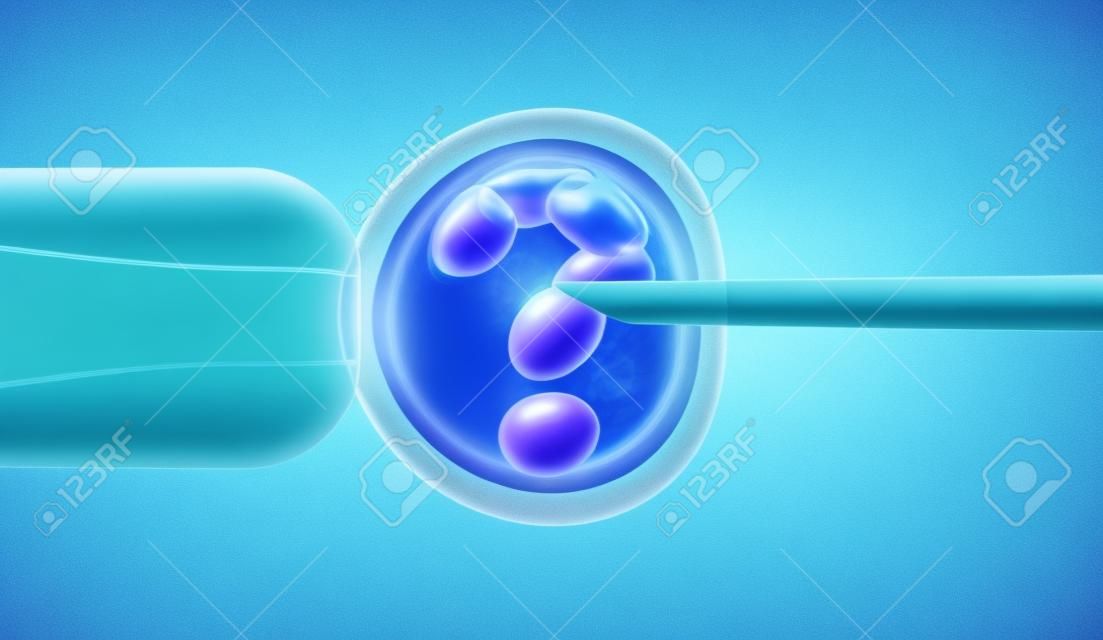 Preguntas de edición genética e investigación genética in vitro ingeniería del genoma y biotecnología médica como concepto de atención médica CRISPR con un embrión de óvulo humano fertilizado y un grupo de células en división como una ilustración 3D.