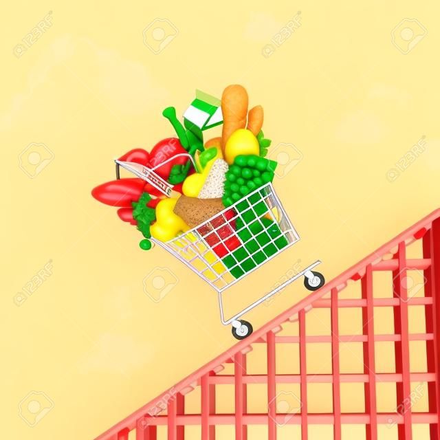 Food price increse and grocery bill rise with groceries going up as a shopping cart as an economic symbol for grocery budget hike with milk bread eggs and vegetables costing more with 3D illustration elements.