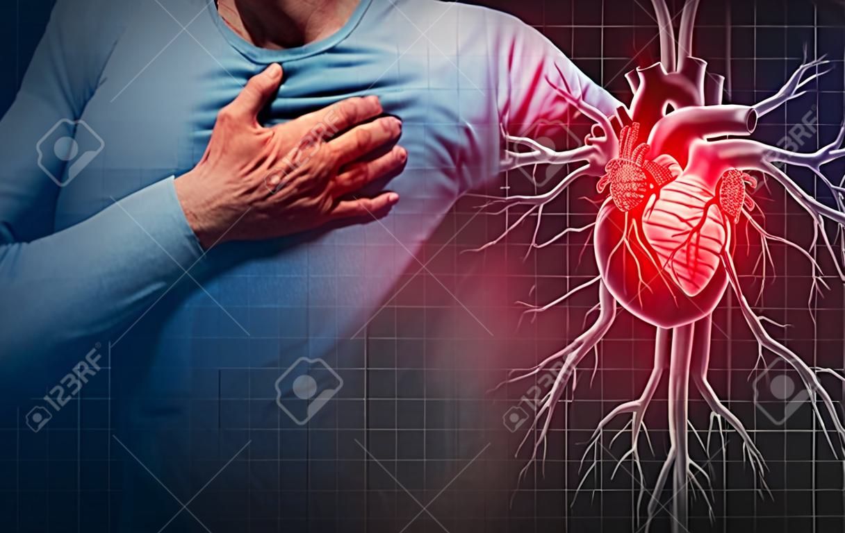 Concetto di attacco di cuore e dolore cardiovascolare umano come concetto di malattia medica anatomica con una persona che soffre di una malattia cardiaca come evento coronarico doloroso con elementi in stile illustrazione 3D.