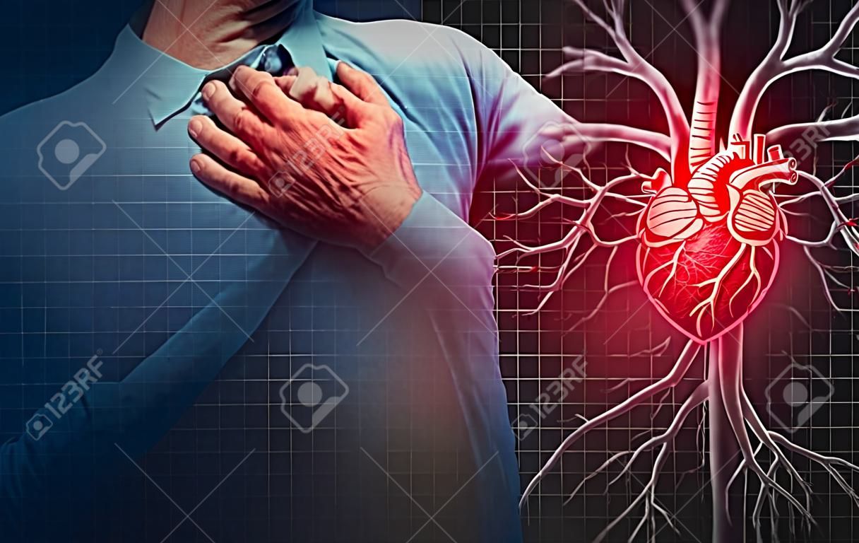 Hartaanval concept en menselijke cardiovasculaire pijn als een anatomie medische ziekte concept met een persoon die lijdt aan een hartziekte als een pijnlijke coronaire gebeurtenis met 3D illustratie stijl elementen.