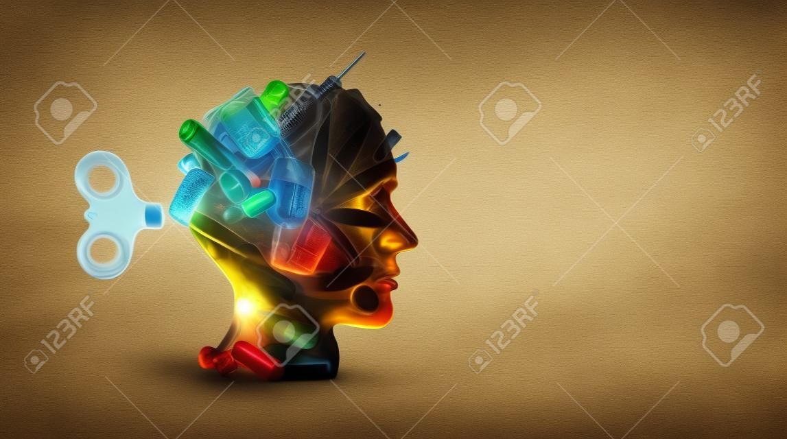 Drug addiction and mental function with the use of alcohol prescription drugs as a psychiatric or psychiatry concept of the effects on the brain with recreational or medication with 3D illustration elements.