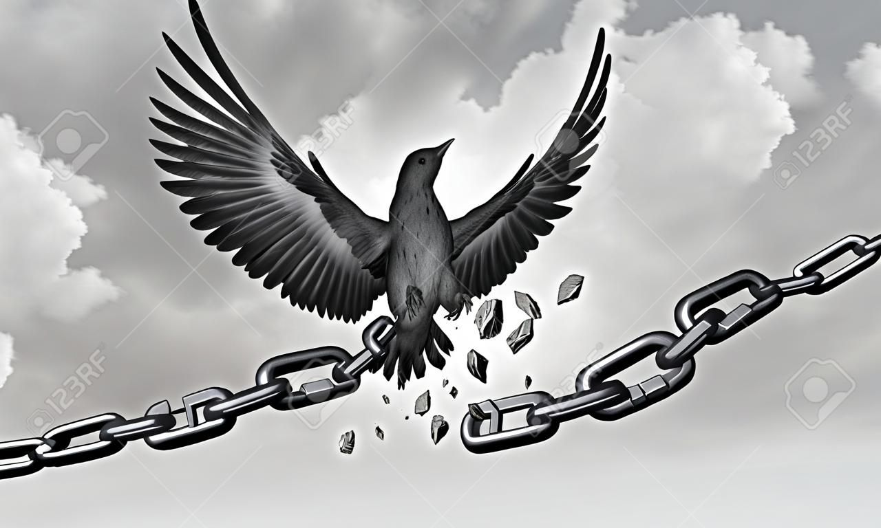 Vrijheid metafoor als een symbool van vrijheid en als een concept van kettingen breken als vogel vleugels breken vrij met 3D-illustratie-elementen.