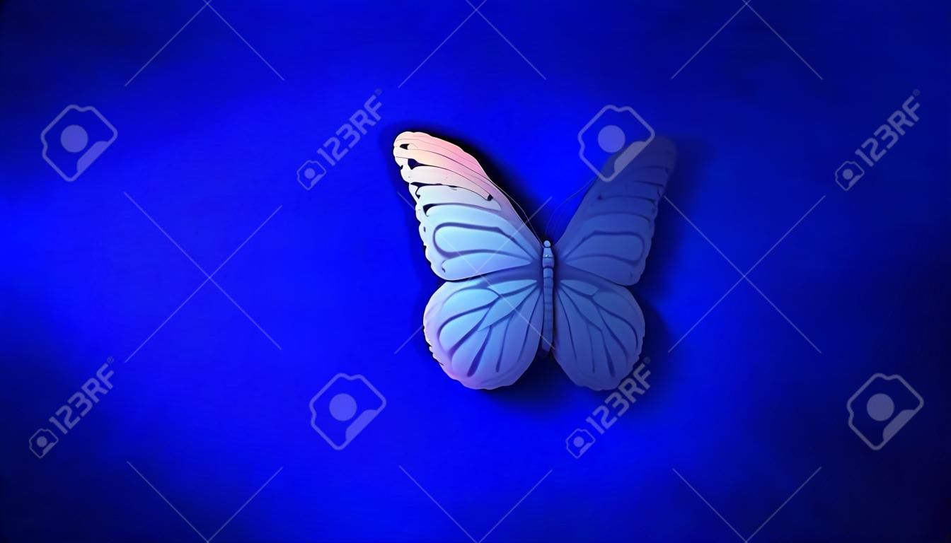 Borboleta abstrata em um fundo azul como um símbolo de transformação e cura espiritual ou renascimento em um ciclo de vida em um estilo de ilustração 3d no branco.