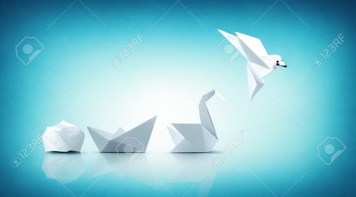 Transform and success or changing to succeed concept and leadership in business through innovation and evolution of ability as a crumpled paper transforming into a boat then a swan and a flying bird as a metaphor.