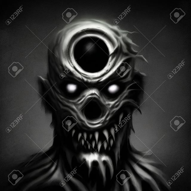 Monstro morph parece assustador. Ilustração em gênero de horror. Cara assustadora em cores preto e branco.