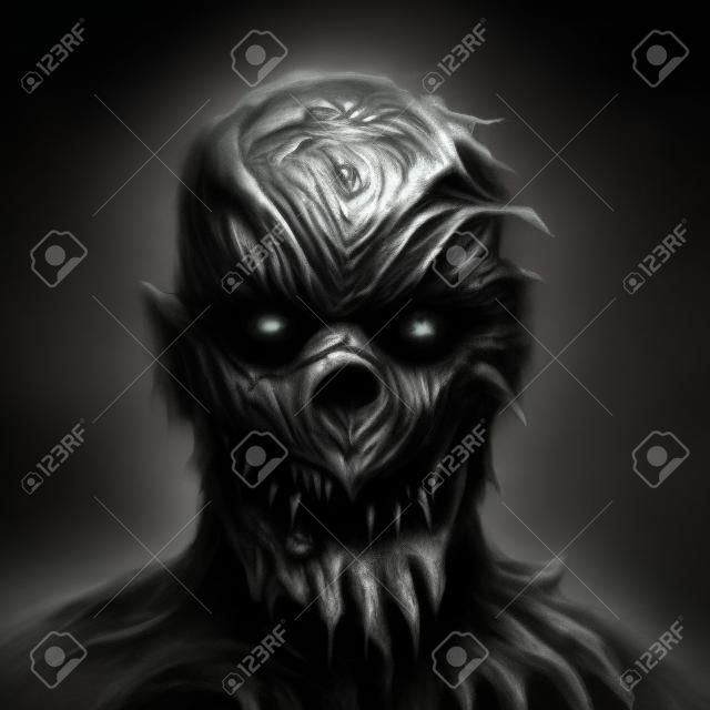 Monstro morph parece assustador. Ilustração em gênero de horror. Cara assustadora em cores preto e branco.