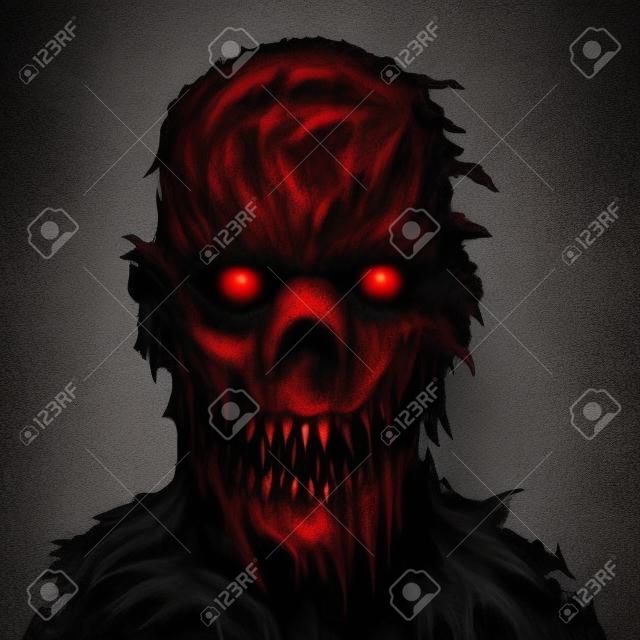 Monster morph looks creepy. Illustration in genre of horror. Scary face character in black and red colors.