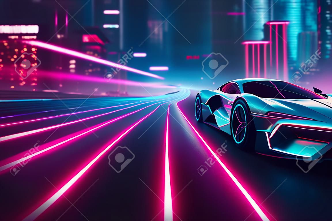 Automobile futuristica dell'onda del sintetizzatore dell'onda retro. auto sportiva retrò con contorni retroilluminati al neon. illustrazione di pittura digitale.