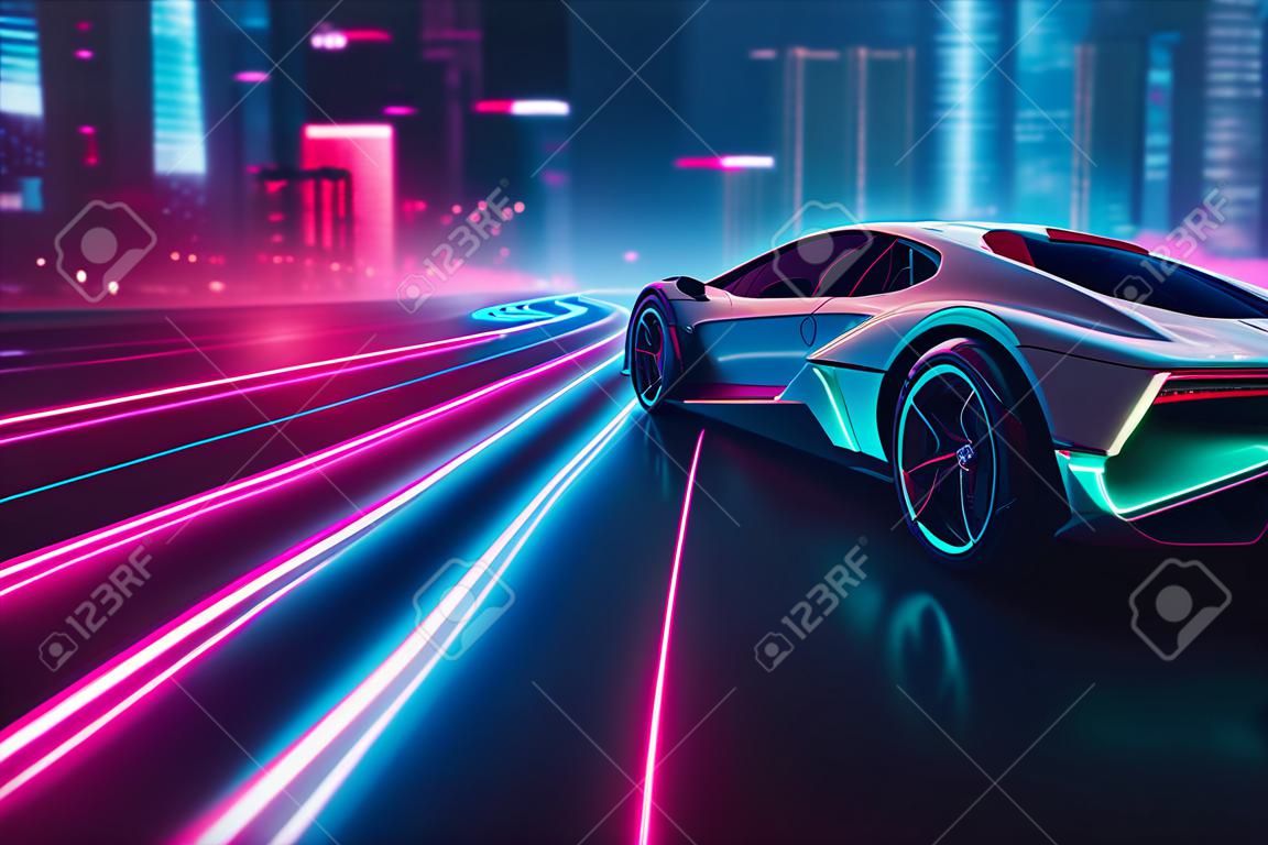 Futuristic retro wave synth wave car. Retro sport car with neon backlight contours. digital painting illustration.
