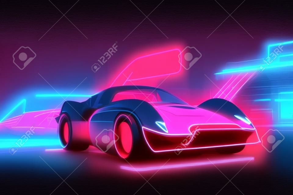 Voiture d'onde de synthétiseur d'onde rétro futuriste. voiture de sport rétro avec contours de rétroéclairage au néon. illustration de peinture numérique.