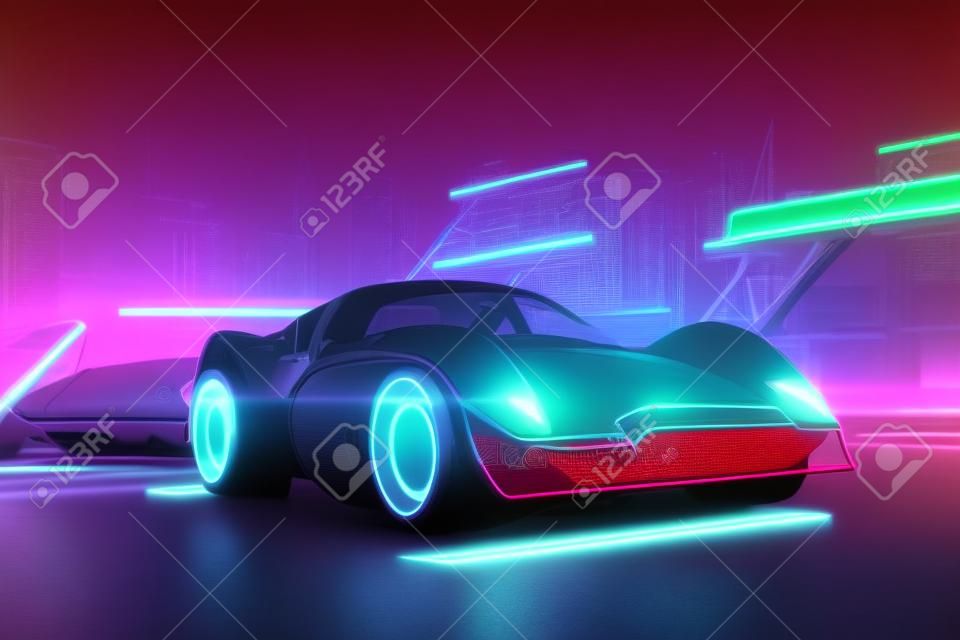 Futuristisches Retro-Wave-Synth-Wave-Auto. retro-sportwagen mit neon-hintergrundbeleuchtungskonturen. digitale malereiillustration.