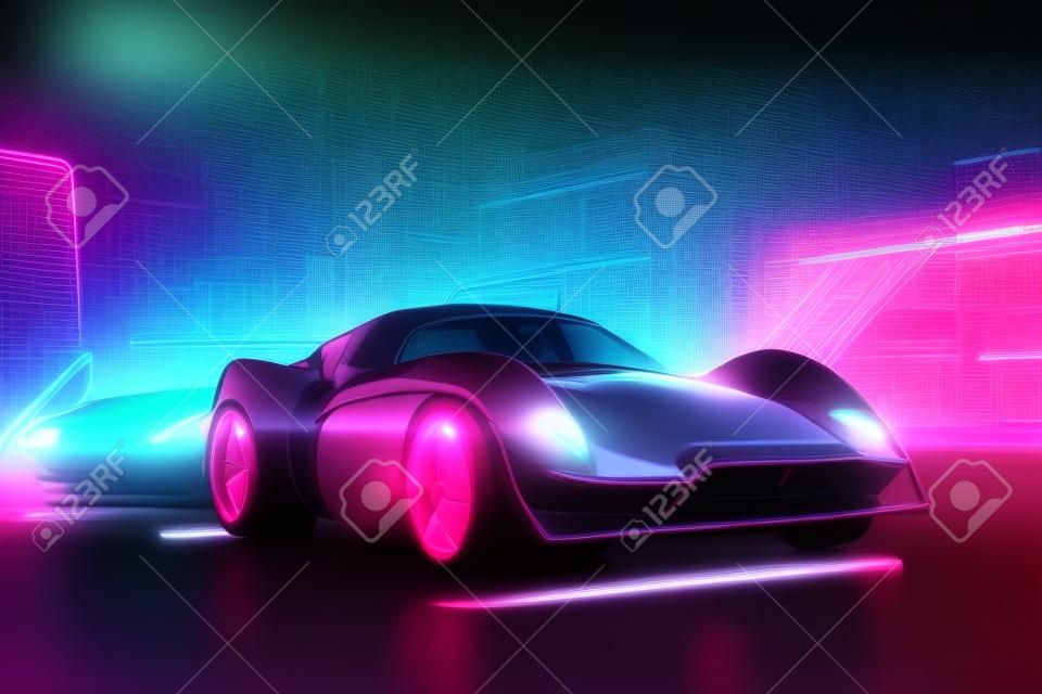Coche de onda de sintetizador de onda retro futurista. coche deportivo retro con contornos de retroiluminación de neón. ilustración de pintura digital.