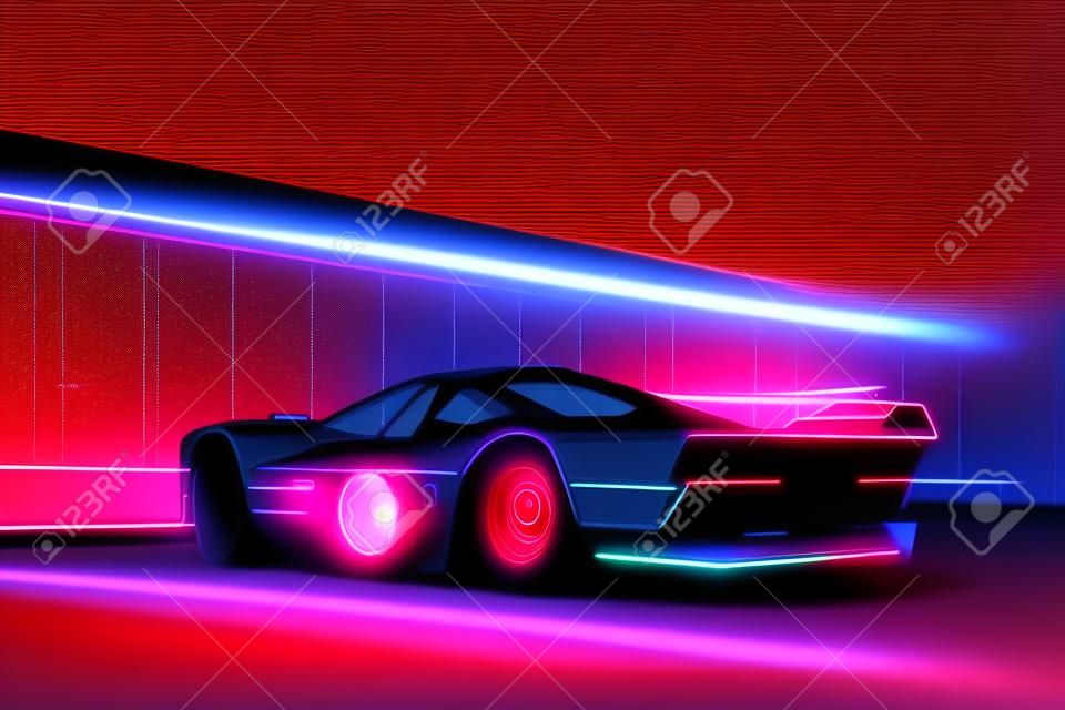 Futurista carro onda synth onda retro. retro carro esporte com neon backlight contornos. ilustração de pintura digital.