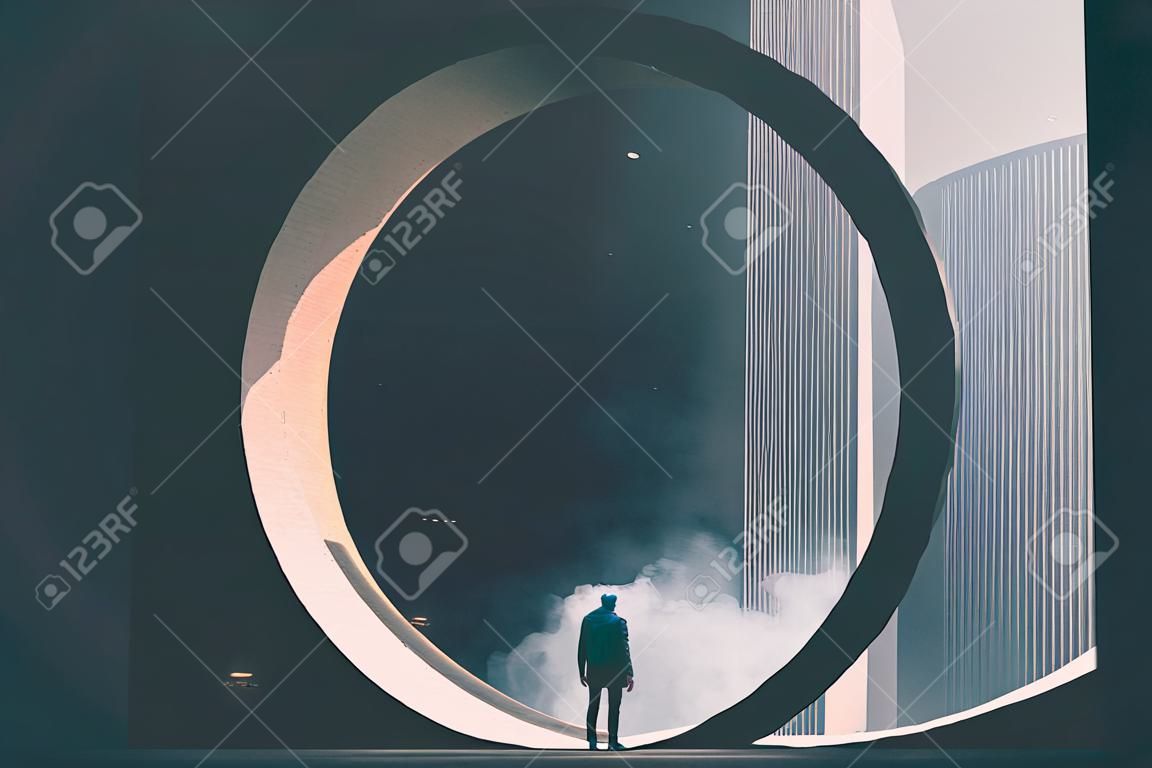 Um homem de pé olhando para o enorme edifício circular, estilo de arte digital, pintura de ilustração, conceito de fantasia de um homem perto do enorme edifício