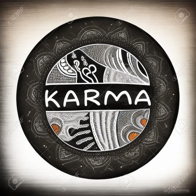 Signo Karma en el fondo pizarra. Mano dibujada detallada logo zentangle para la tienda étnica, estudio de yoga, agencia de viajes y otros negocios heartful.