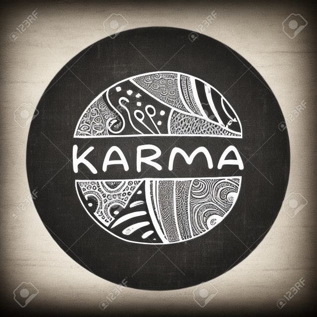 Karma cartello su sfondo lavagna. Dettagliate mano disegnato zentangle logo per il negozio etnico, studio di yoga, agenzia di viaggi e altre imprese Heartful.