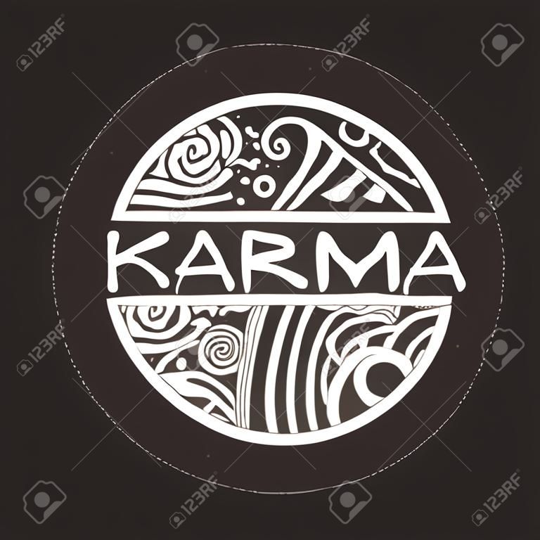 カルマは黒板背景にサインオンします。民族ショップ、ヨガのスタジオ、旅行代理店、他のハートフル企業の詳細な手描き zentangle ロゴ。