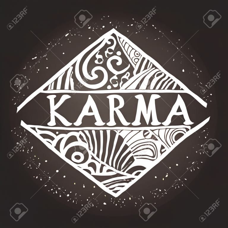 Karma cartello su sfondo lavagna. Dettagliate mano disegnato zentangle logo per il negozio etnico, studio di yoga, agenzia di viaggi e altre imprese Heartful.