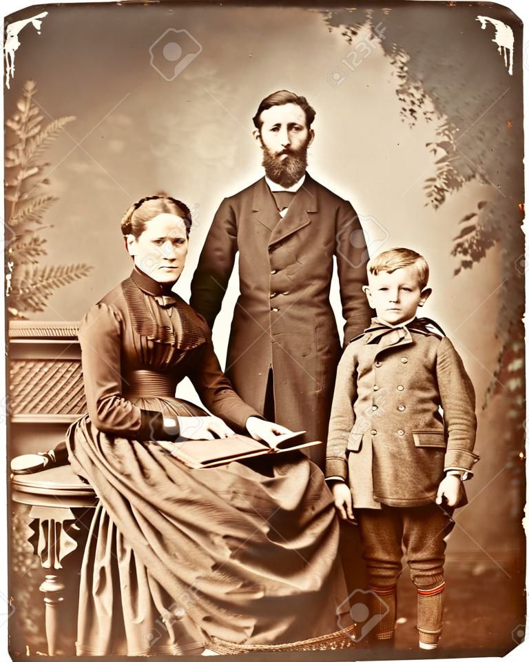 BERLIM, ALEMANHA - CIRCA 1860 retrato de família antiga de mãe, pai e filho vestindo roupas vintage, por volta de 1860 em Berlim, Alemanha