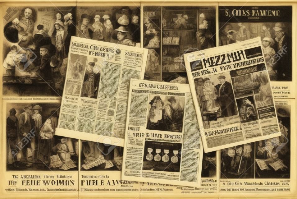 Newspaper pages with antique advertising. Fashion magazine for woman