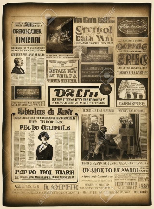 Anciennes pages de journaux avec publicité et mode vintage. Fond de papier utilisé