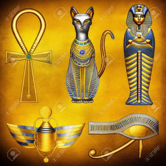 Mısır sembolleri ve simgeler seti. Eski Mısır Kültürleri