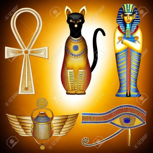 Mısır sembolleri ve simgeler seti. Eski Mısır Kültürleri