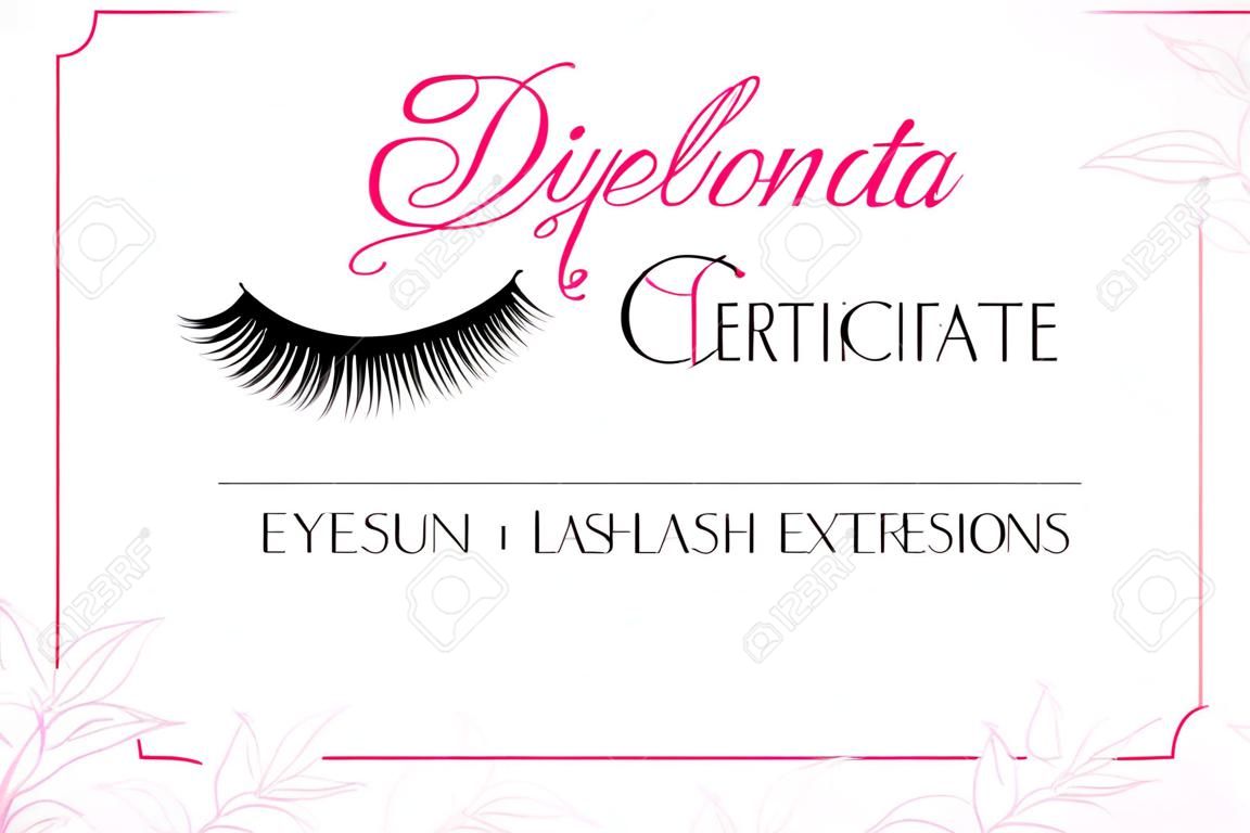 Diploma eyelash extensions. Makeup certificate template. beauty school or refresher courses for beautician. Make up cosmetic. Modern design