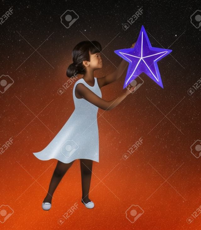 A girl holds a star as a symbol of her victory. The winner received a reward for achieving the goal.