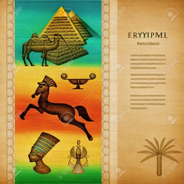 Symbols of Egypt and landmarks - Egypt icons - pyramid, camel, Nefertiti, the scarab. Template design greeting cards and other printed products.
