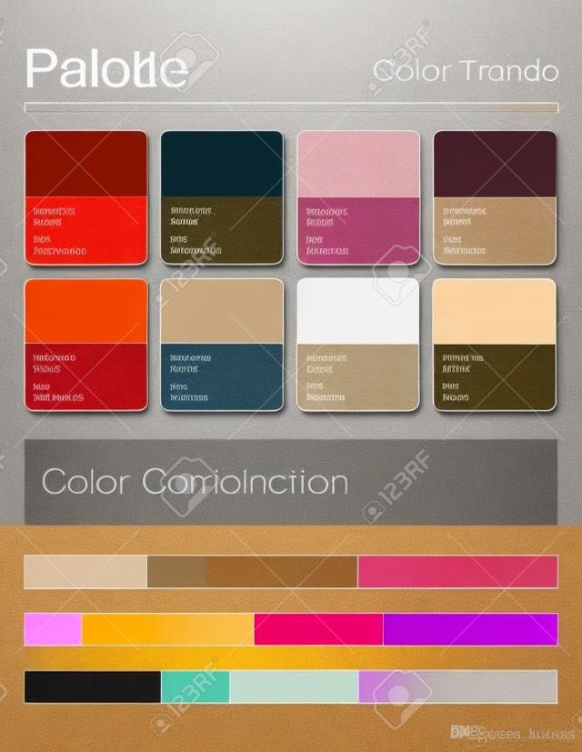 Color palette, harmonious combination, codes and names. Fashion colors for using in web, clothes, interiors and textiles