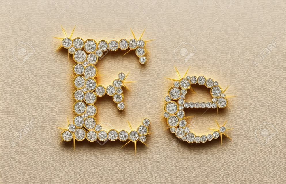 Litera "E" składa się z diamentów z złotej ramie. Kompletny zestaw alfabetu.