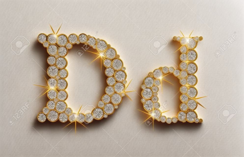 Letter "D" composed from diamonds with golden frame. Complete alphabet set.