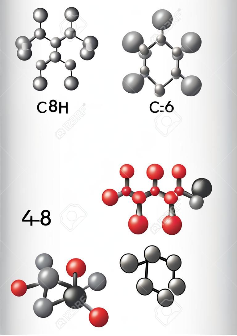 Chemische formule en molecuul model methaan CH4, ethaan C2H4, propaan C3H8, butaan C4H10. Homologe reeks van alkanen. Vector illustratie