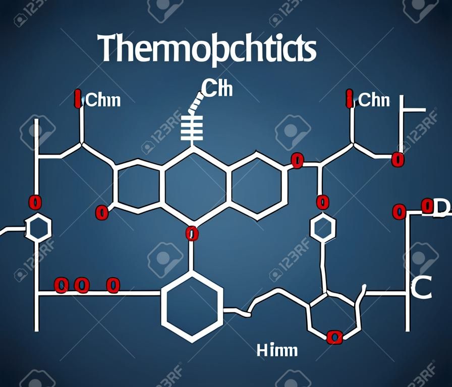 Polycarbonaat (PC) thermoplastisch polymeer molecuul. Structuur chemische formule op de donkerblauwe achtergrond. Vector illustratie