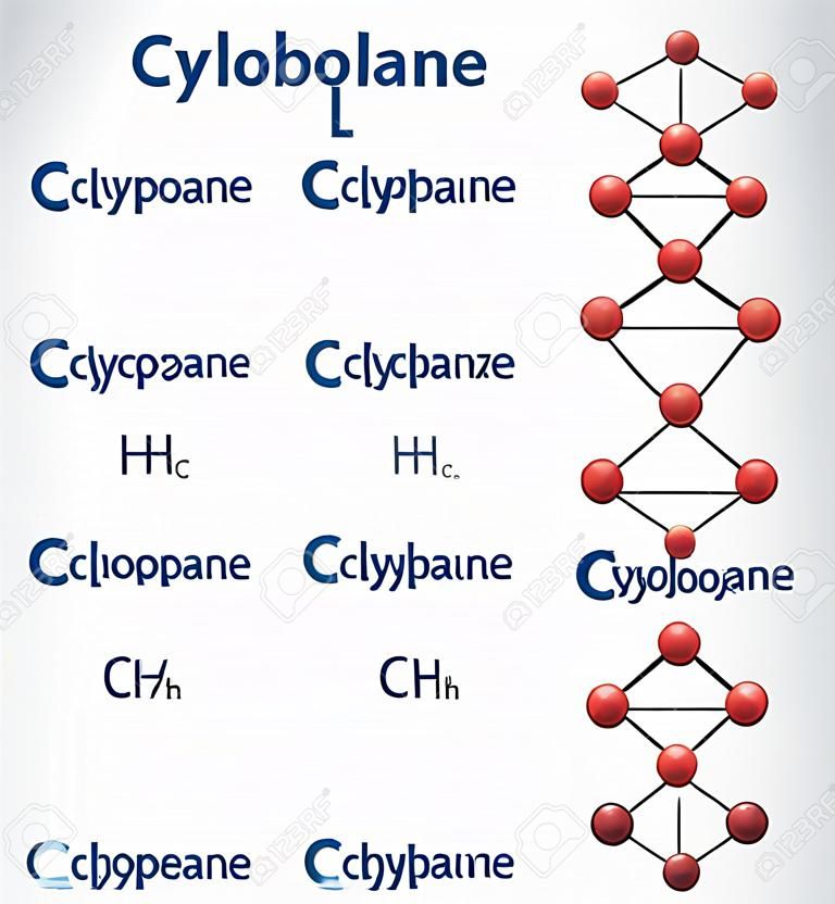 Wzór chemiczny i model cząsteczki cyklopropan C3H6, cyklobutan C4H8, cyklopentan C5H10, cykloheksan C6H12. Homologiczne serie cykloalkanów. Są monocyklicznymi węglowodorami nasyconymi. Ilustracja wektorowa