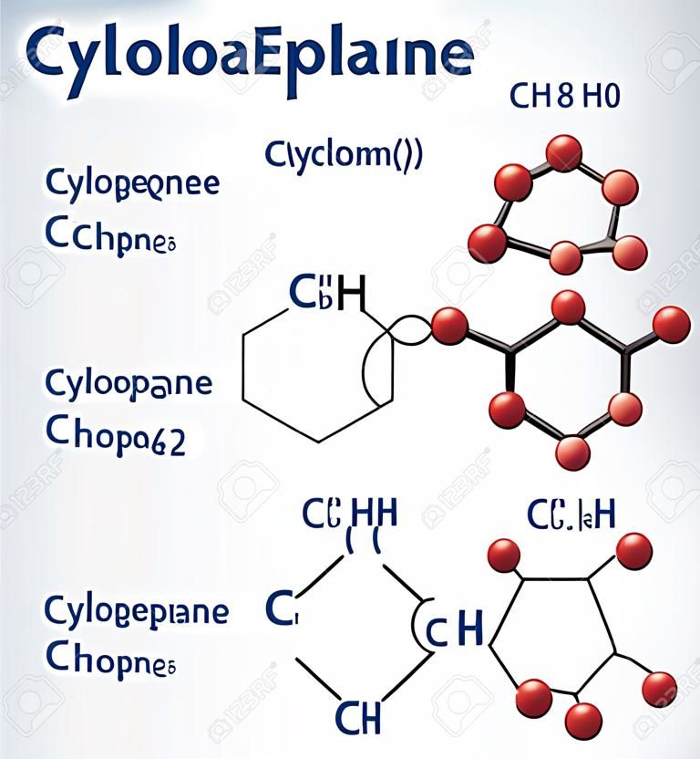 Chemical formula and molecule model cyclopropane C3H6, cyclobutane C4H8, cyclopentane C5H10, cyclohexane C6H12. Homologous series of cycloalkanes. Are monocyclic saturated hydrocarbons. Vector illustration 