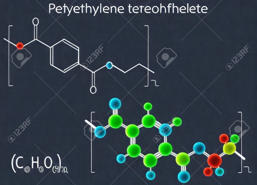 Tereftalato de polietileno o PET, poliéster PETE, molécula de polímero termoplástico. Fórmula química estructural y modelo de molécula. Ilustración vectorial