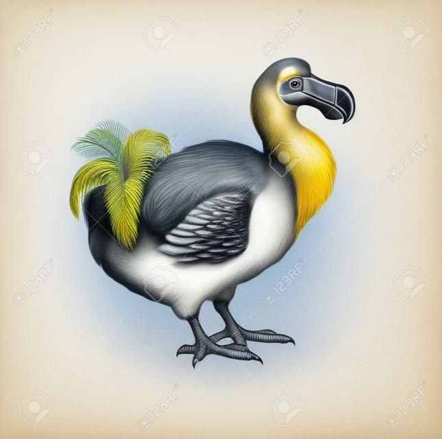 dodo bird (Raphus cucullatus), realistic drawing, illustration for encyclopedia, extinct and extinct humans animals, isolated image on white background