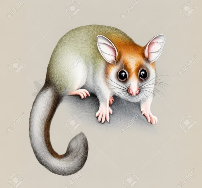 The common brushtail possum (Trichosurus) on a branch, realistic drawing, illustration for the animal encyclopedia of Australia, New Zealand, Tasmania, isolated image on a white background