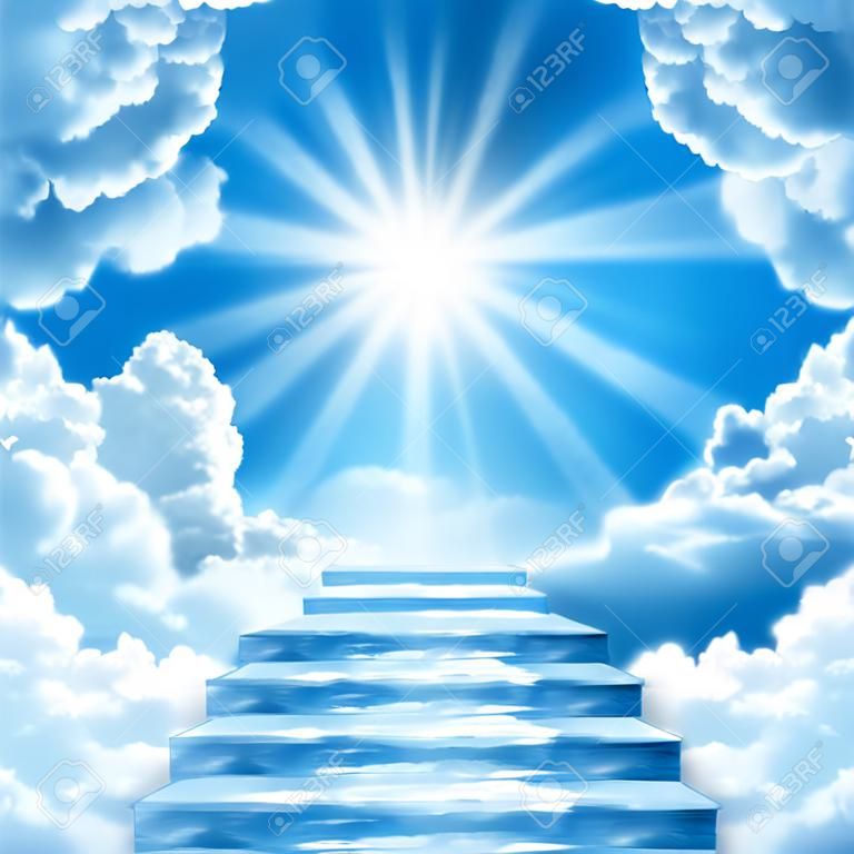 Лестница в Heaven.Stairs в небе. Концепция с солнцем и белом фоне clouds.Concept Религия